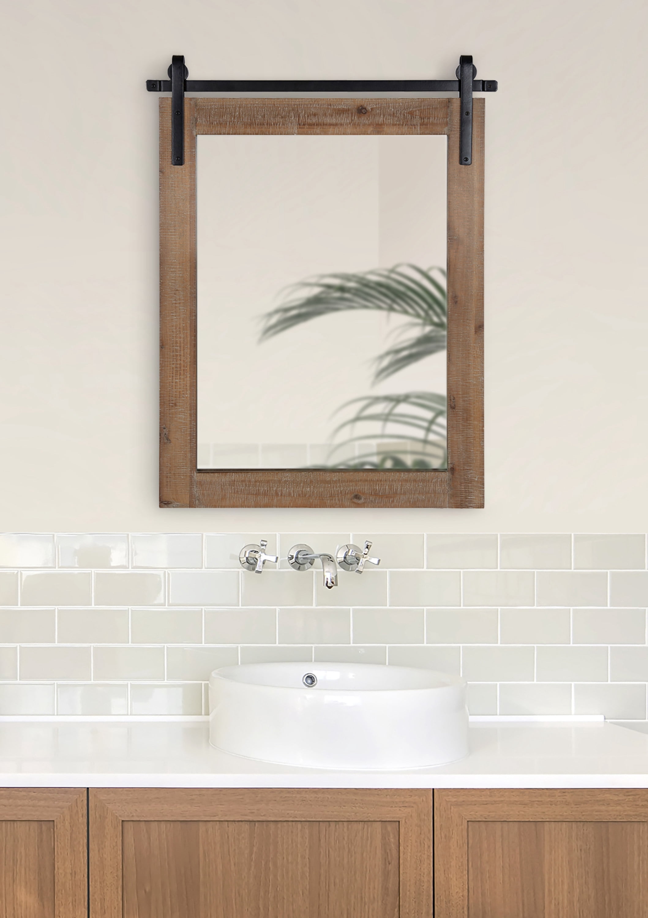Kate and Laurel Cates Rustic Wall Mirror, 22" x 30" Rustic Brown, Farmhouse Barn Door-Inspired Wall Decor