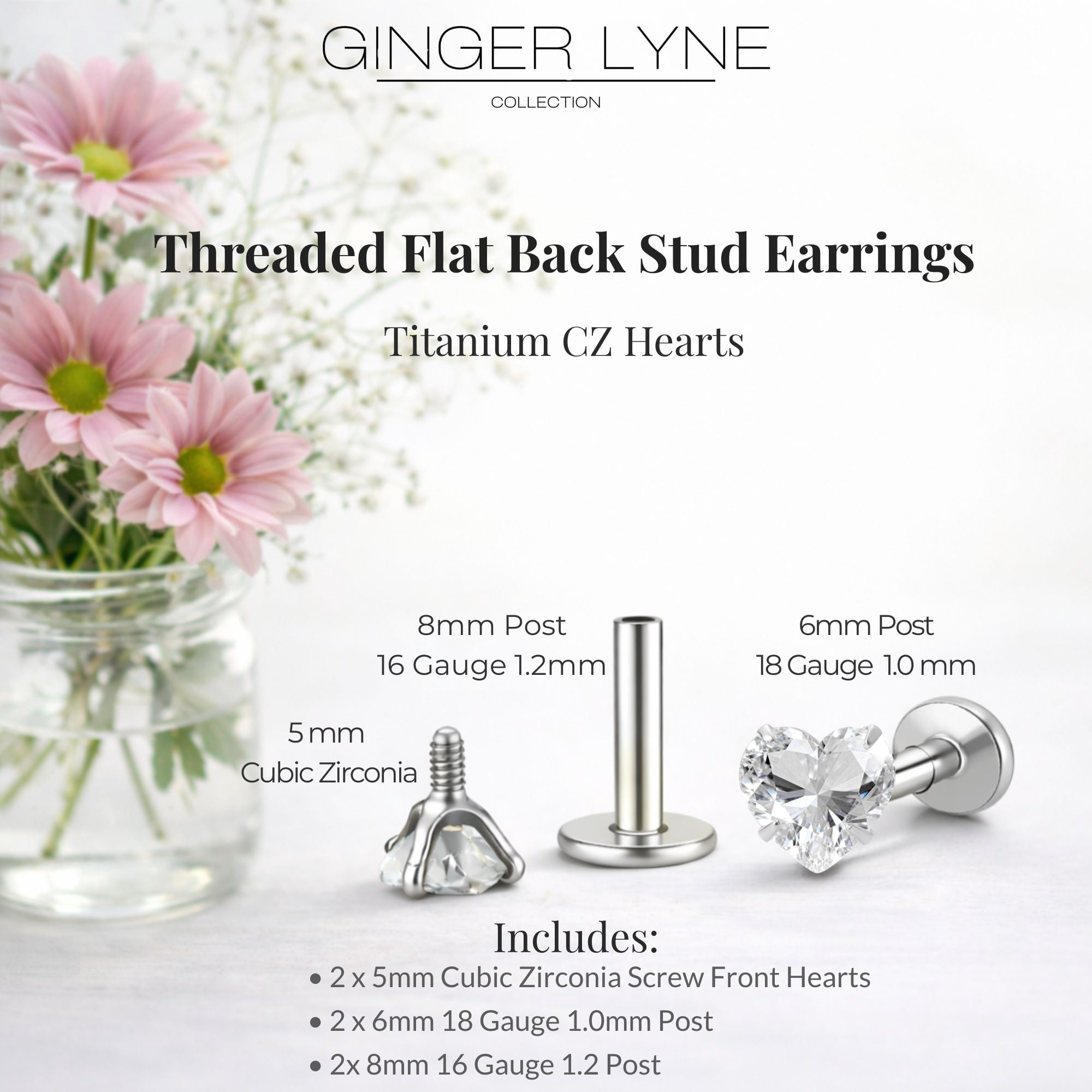 Small Heart CZ Solitaire Flat Back Stud Earrings Body Piercings by Ginger Lyne 2 Sets Post 6mm 8mm Included