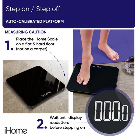 IHOME DIGITAL BATTERY POWERED BATHROOM SCALE WITH FIT+ PERSONAL COACH APP, FSA AND HSA ELIGIBLE, BLACK, 397 LBS CAPACITY