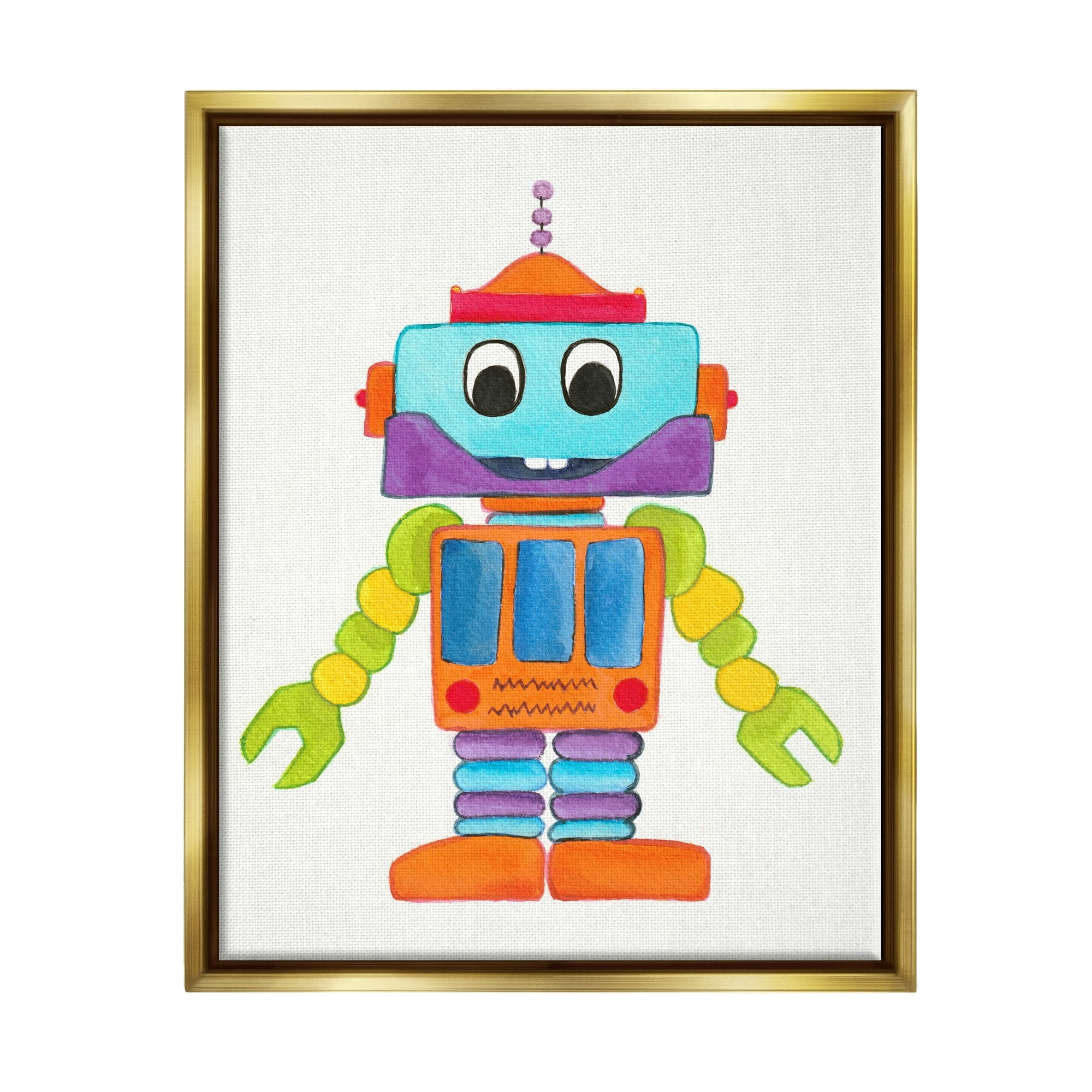 Stupell Industries Bold Smiling Robot Vivid Playful Kids Illustration Painting Metallic Gold Floating Framed Canvas Print Wall Art, Design by Elvira Errico