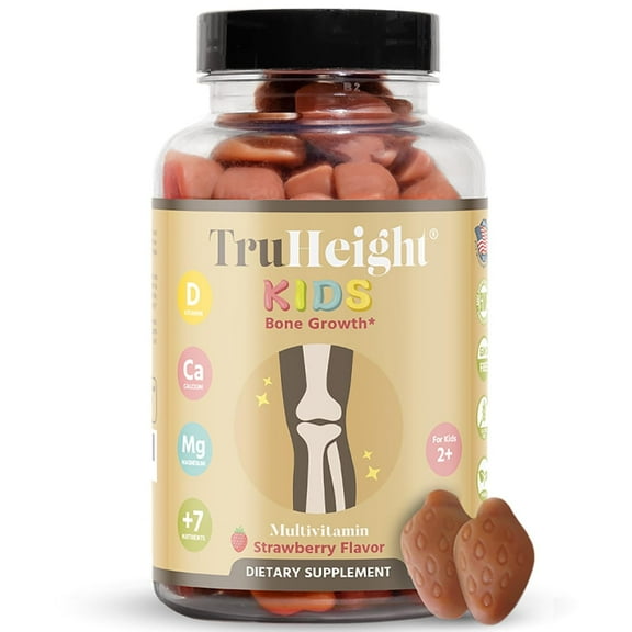 TruHeight Kids Bone Growth Gummies (Strawberry, Ages 2 ) All Natural Kids & Toddler Vitamins - Vitamin D, Calcium, K2, Magnesium Multivitamin, Natural Growth & Development, Builds Strong Bones, Vegan