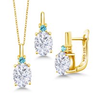 Gem Stone King 18K Yellow Gold Plated Silver Swiss Blue Topaz Pendant and Earrings Jewelry Set with Moissanite (6.54 Cttw)