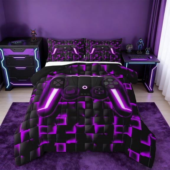 Manfei Gaming Bedding Comforter Set,Geometric Grid Twin Comforter Sets,Gradent Purple Black Bedding Set For Boy,Microfiber Room Decor Reversible,2pcs