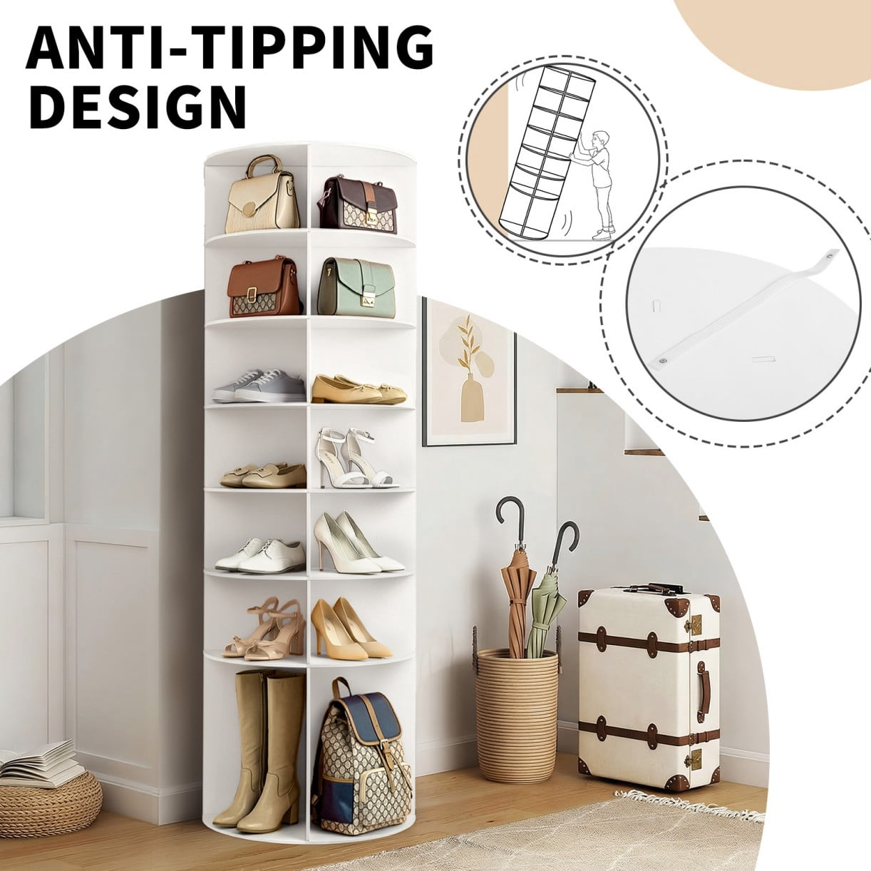 Hassch 7-Tier Rotating Shoe Rack, 360° Revolving Corner Organizer Tower for Bedroom Entryway Closet, Holds 28-32 Pairs of Shoes Handbags Hats Display Decor (White)