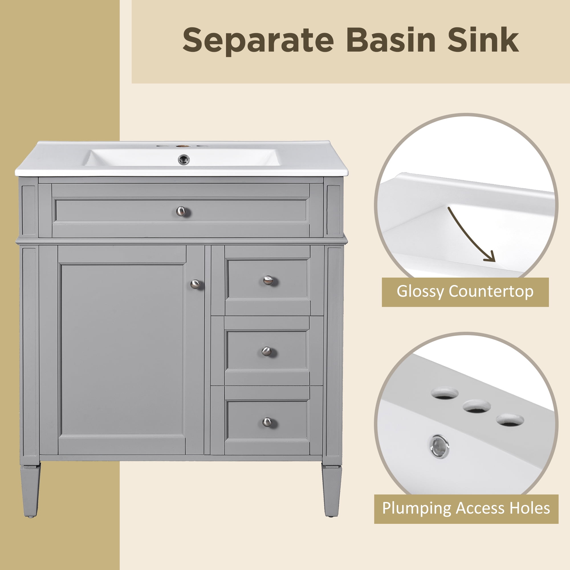 30" Bathroom Vanity with Top Sink, Modern Bathroom Storage Cabinet with 2 Drawers and a Tip-out Drawer, Single Sink Bathroom Vanity