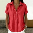 thumbnail image 2 of Duoif Women Lapel Collar Cotton Linen Top Short Sleeve High Low Hem Casual Blouse Summer 2026 Lightweight Breathable Loose Fit Daily Wear Vacation, Watermelon red, XL, 2 of 8