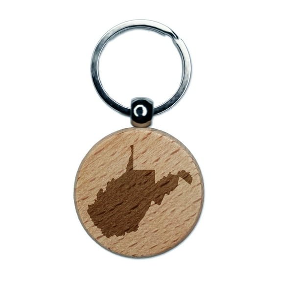 West Virginia State Silhouette Round Keychain Charm Tag - Engraved Wood