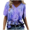 thumbnail image 2 of T-shirt Imprimé à Manches Courtes à Col en V Mode Femmes Tops Bleu, 2 of 5