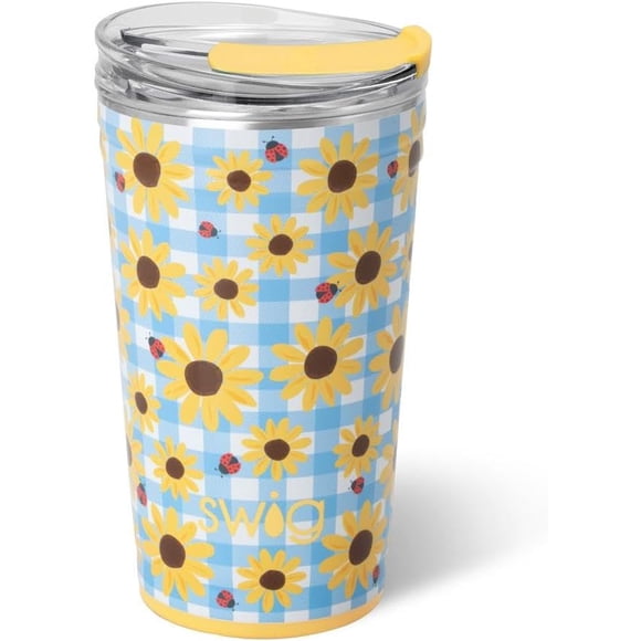 Swig Life 24oz Party Cup, Stackable Insulated Travel Coffee Tumbler with EZ Slider Lid, Cup Holder Friendly, Stainless Steel 24 oz Tumbler, Reusable Coffee Mug (Picnic Basket)