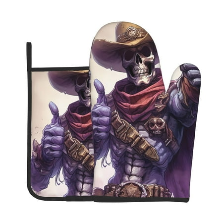 

Zeuib Cool Skull Cowboy Print Oven Mitt & Pot Holder Set 2-Pack Kitchen Gloves and Hot Pads for Cooking BBQ Grilling Baking