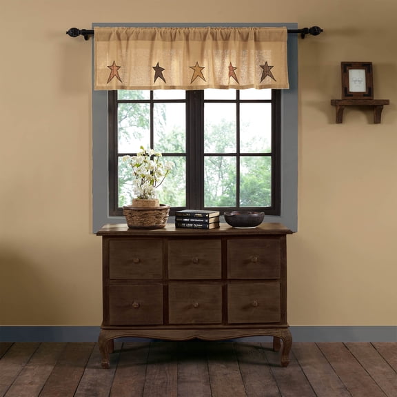 VHC Brands Stratton Primitive 16"x60" Burlap Star Valance Tan Rod Pocket Appliqued Cotton Kitchen Window Curtains