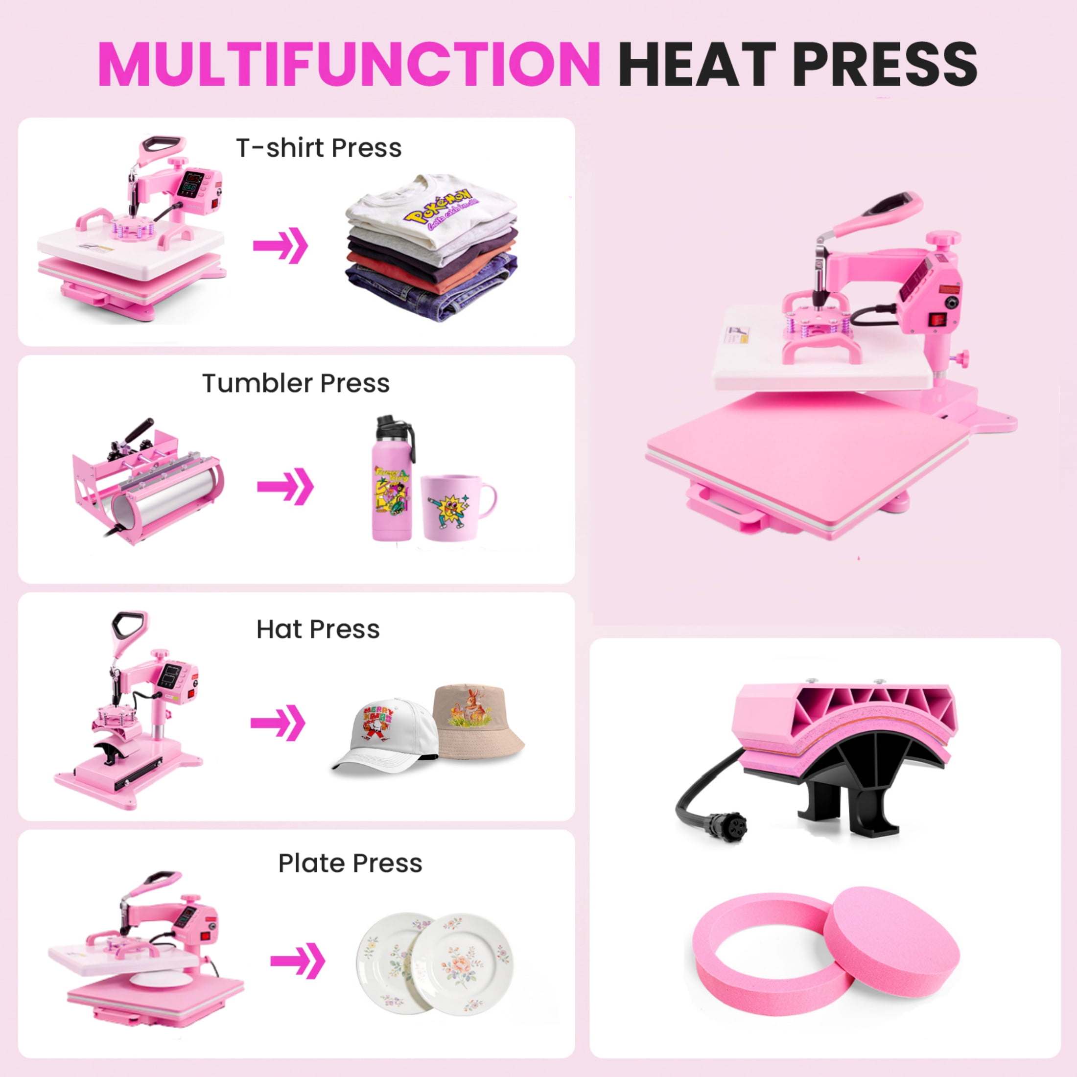 Adnoom Heat Press 15x15, 5 in 1 Multifunctional Shirt Press Machine Combo, 360° Swing Away Heat Transfer Sublimation with LED Display for T-shirts Mugs Hat Plate Cap Pink