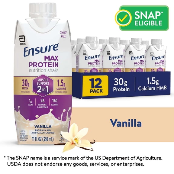 Ensure Max Protein Shake, 2-in-1 Muscle Support, 30g Protein, Vanilla, 11 fl oz, 12 Pack