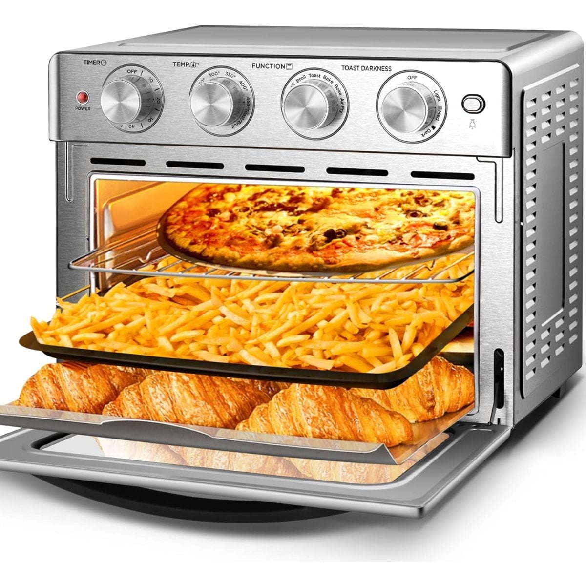 YINGYUE 26QT Stainless Steel Convection Air Fryer Oven, 1700W 6-Slice Countertop Oven with 5 Cooking Functions & Full Accessories, Silver