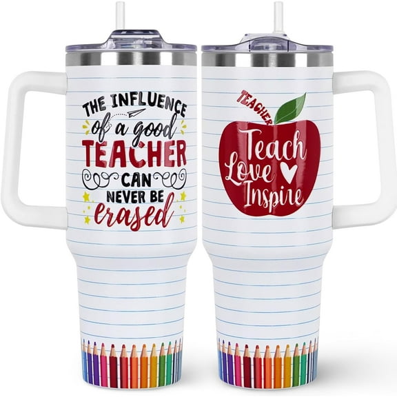 Teacher Appreciation Gifts 40oz Tumbler with Handle and Straw Lid|Teacher Gifts Vacuum Insulated Leak Proof Tumbler Teacher Gifts for Women|Best Teacher Gifts Stainless Steel Travel Mug |Red Apple