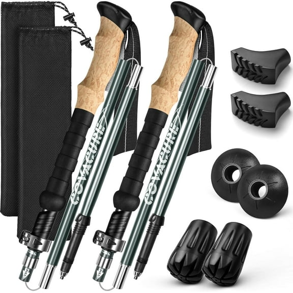 Cork Handle Trekking Poles - Collapsible Hiking Sticks with Anti-Shock Tips, Lightweight & Foldable Walking Sticks for Snow Trails & Mountain Climbs, Durable Trekking Gear for Men and Women