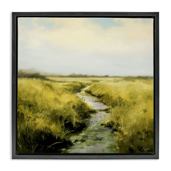 Stupell Industries Calming Horizon Stream Landscape & Nature Painting Black Floater Framed Canvas Art Print Wall Art, 18 x 18
