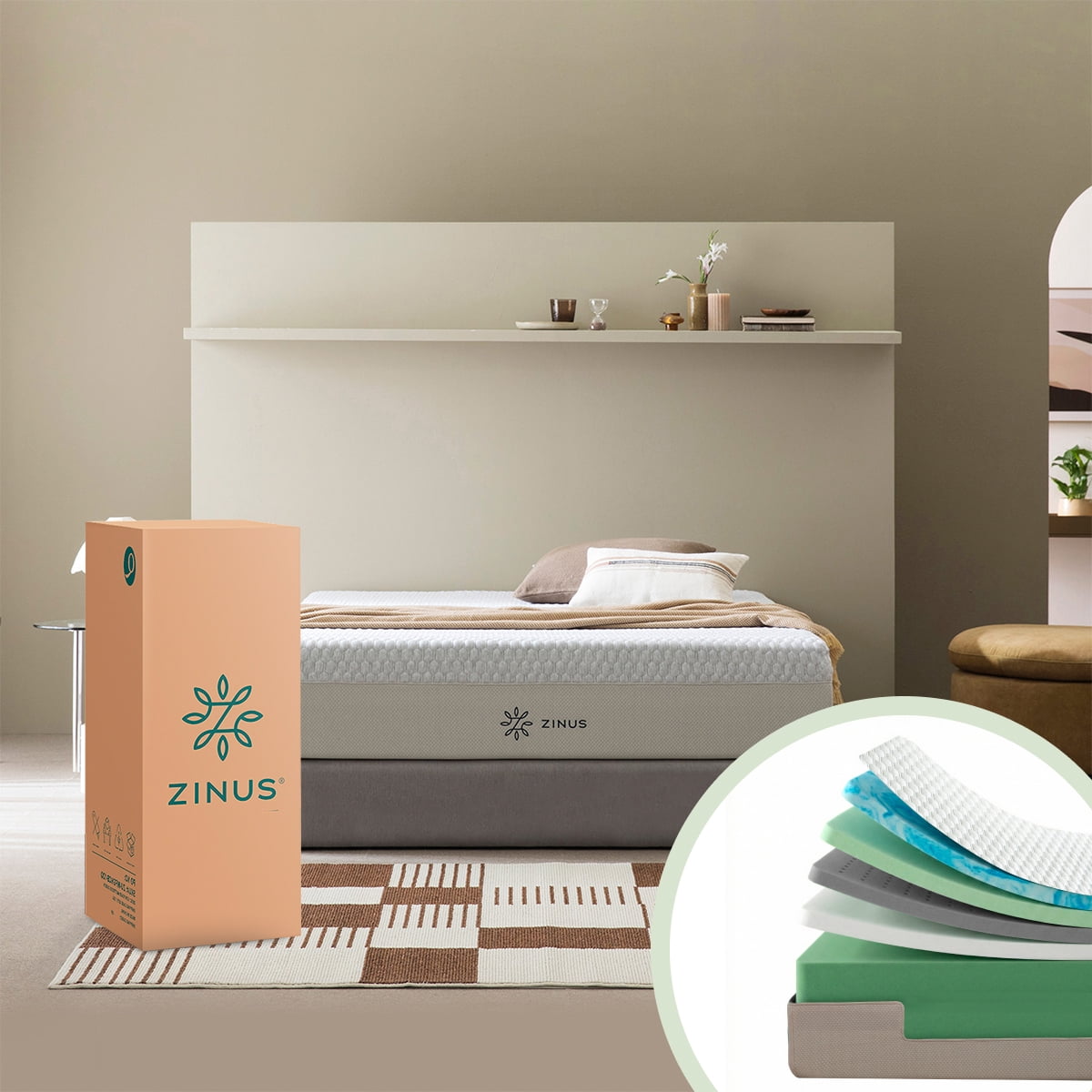 Zinus DeLuxe Cooling Té Verde Colchón en Caja Queen Size de Memory Foam con 7 Capas de Materiales, Altura Total de 25 cm, Espuma de Alta Densidad, Firmeza Media. Certificación CertiPUR y OEKO TEX.