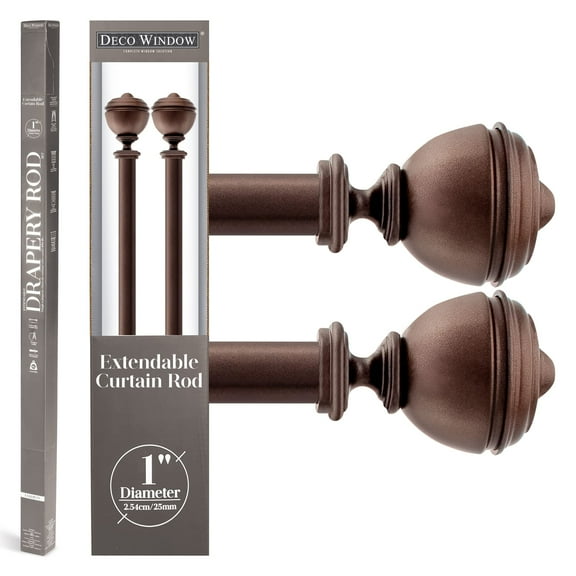 Deco Window 2 Pcs 36 to 66 inches Extendable Curtain Rod for Windows with Stacked Round Finials ( 25mm Dia, Brown)