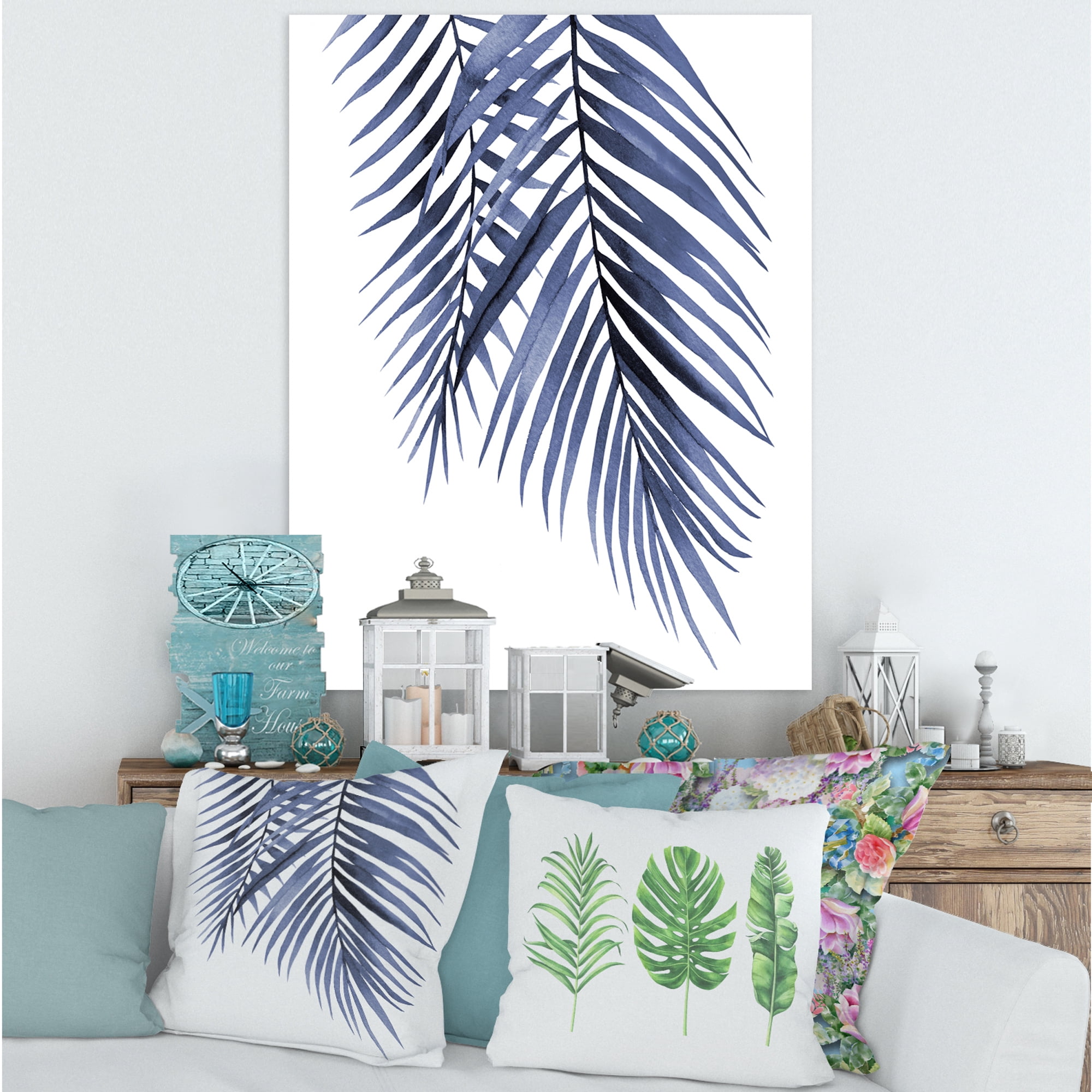 Designart ' Abstract Blue Palm Leaves Tropical Branches ' Traditional Canvas Wall Art Print