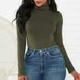 thumbnail image 3 of Women's Long Sleeve Bodysuit - Turtleneck, Slim Fit, Pure Color, High Elasticity, Snap Closure - Olive Drab Green, Medium, 3 of 6
