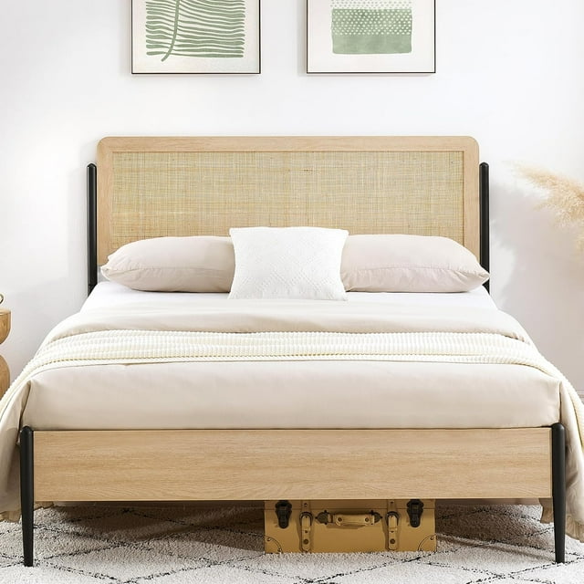 Metal Bed Frame with Rattan Headboard and Wooden Footboard,Bohe Style Platform Bed Frame with Underbed Storage Space,Noiseless,No Spring Box Needed, Oak