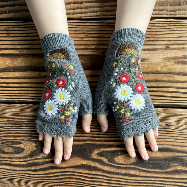 Guantes de mujer Guantes de invierno Guantes de punto Guantes cálidos de terciopelo bordados Guantes de exterior Guantes de mujer