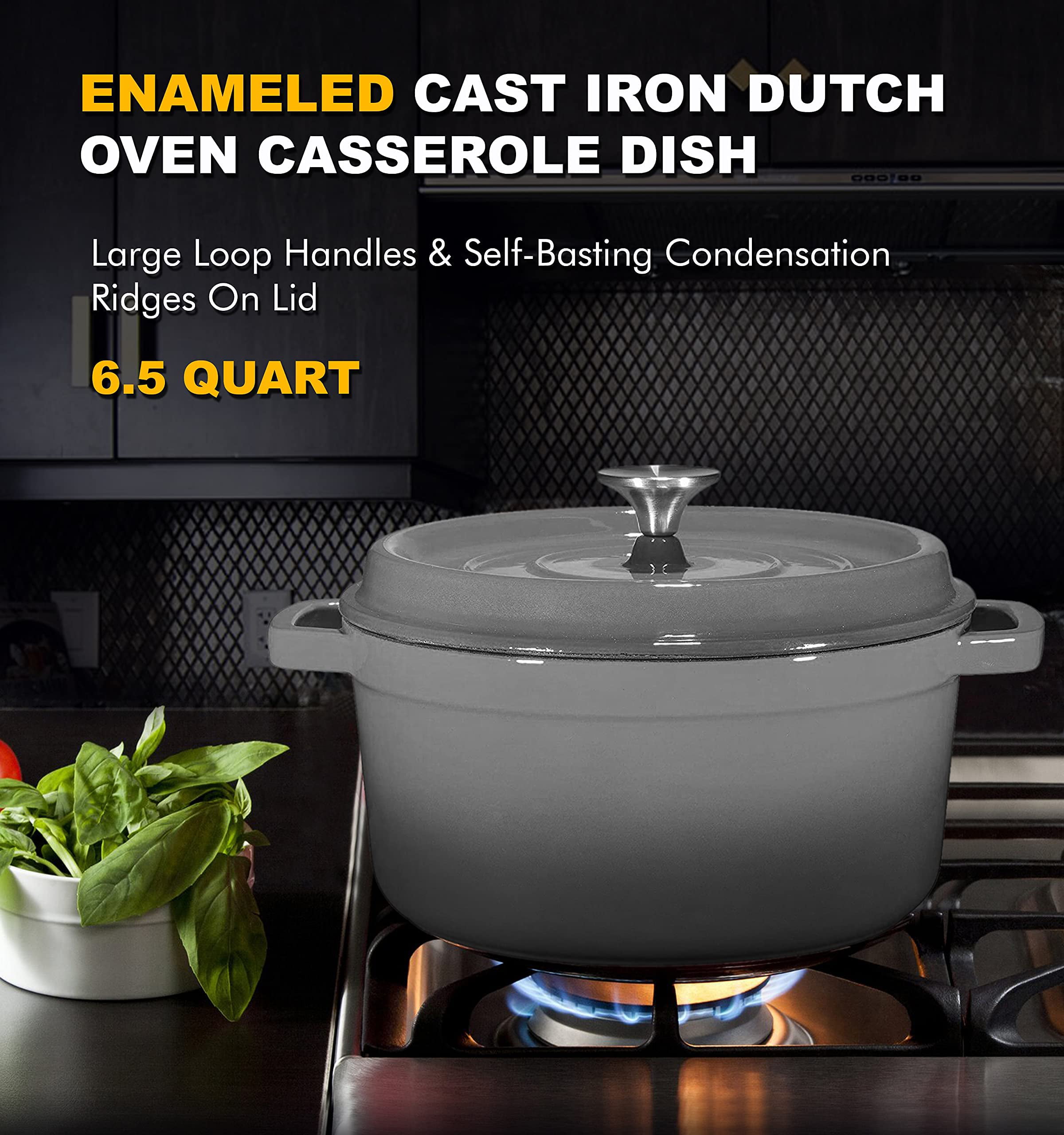 Cast Iron Casserole Dish - Enameled Dutch Oven - Self-Basting