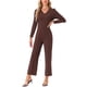 thumbnail image 2 of INSPIRAR CHIC Mono de Mujer con Cuello en V de Manga Larga, Cintura Ajustable, Pierna Ancha, Pantalones Largos, Elegante Mono de Punto M Café, 2 of 5