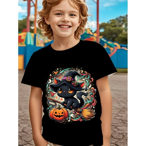 "Spooky Cat Witch" Halloween Graphic Tee - Black Short Sleeve T-Shirt with Cute Cartoon Cat, Hat, and Pumpkin Design, Perfect for Outdoor Activities, Parties, and Gifts, Casual Wear
