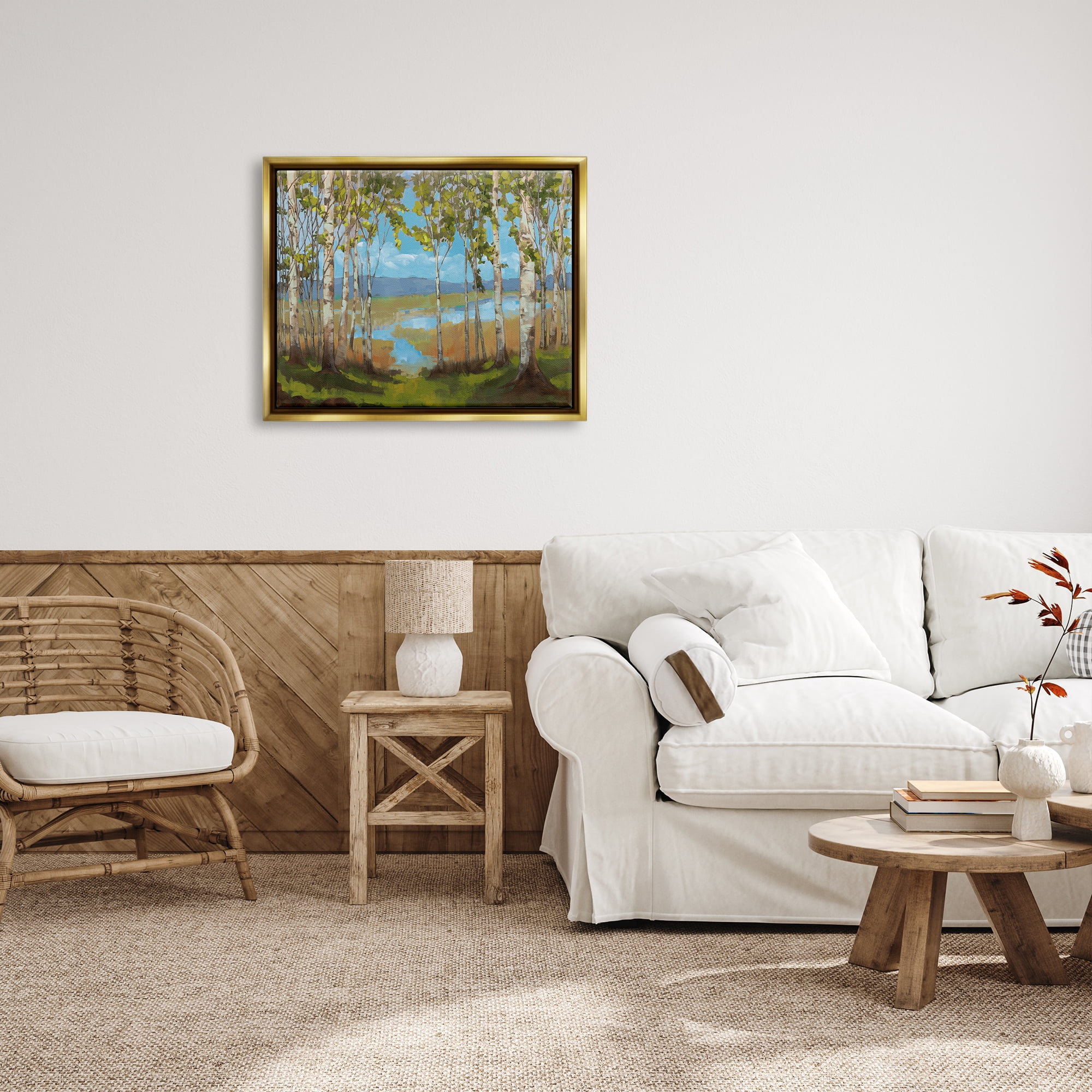 Stupell Industries Lake & Birch Tree Landscape Nature Painting Gold Floater Framed Art Print Wall Art, 31 x 25