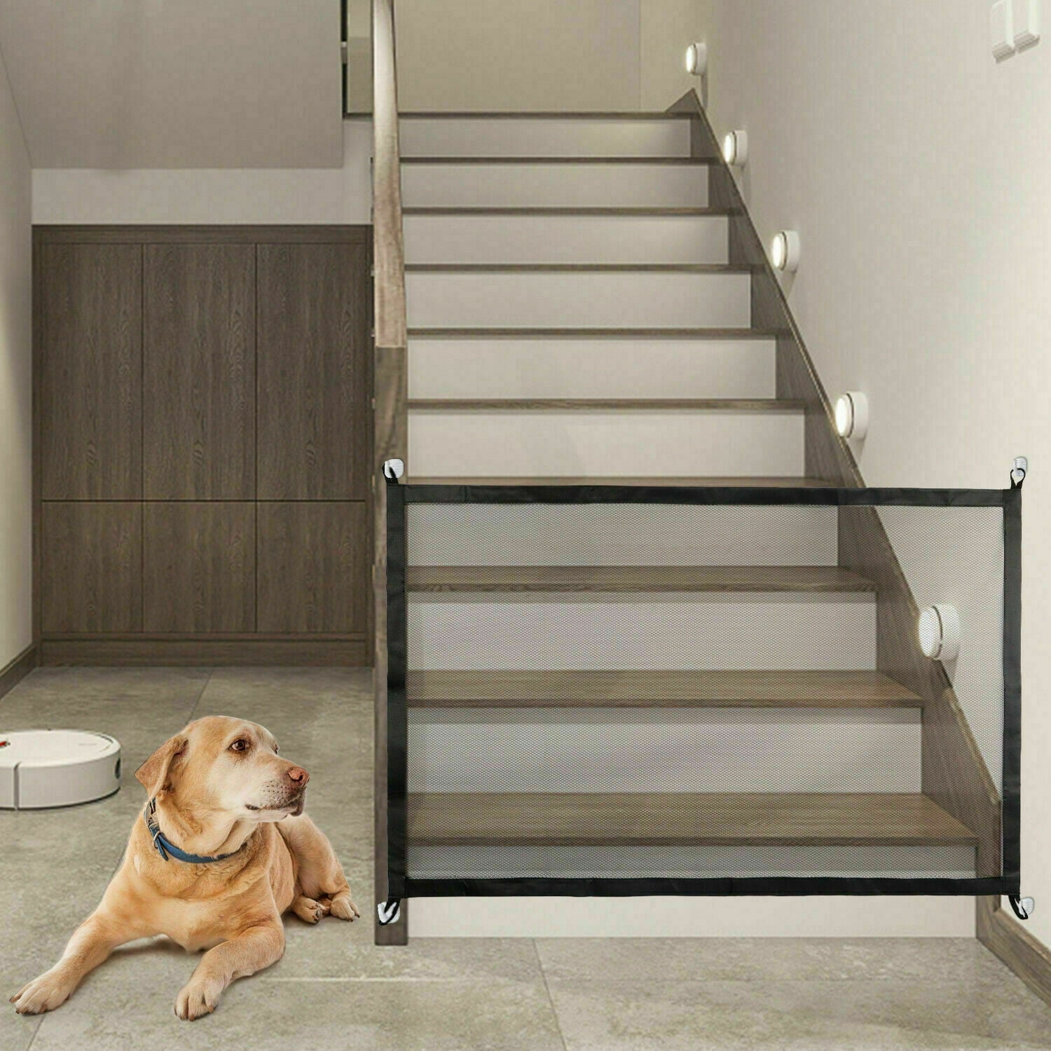 Pet Safety Gate, Adjustable Mesh Barrier for Stairs and Doorways, Portable Magic Fence with Pressure Mount, Dog Cat Baby Protection Panel, Easy Installation