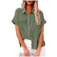 thumbnail image 2 of FAVIPT Linen Tops for Women Roll Up Short Sleeve V Neck T Shirt Button Down Solid Color Shirts Collared Casual Dressy Summer 2025 Blouses with Two Pockets Green,M, 2 of 8
