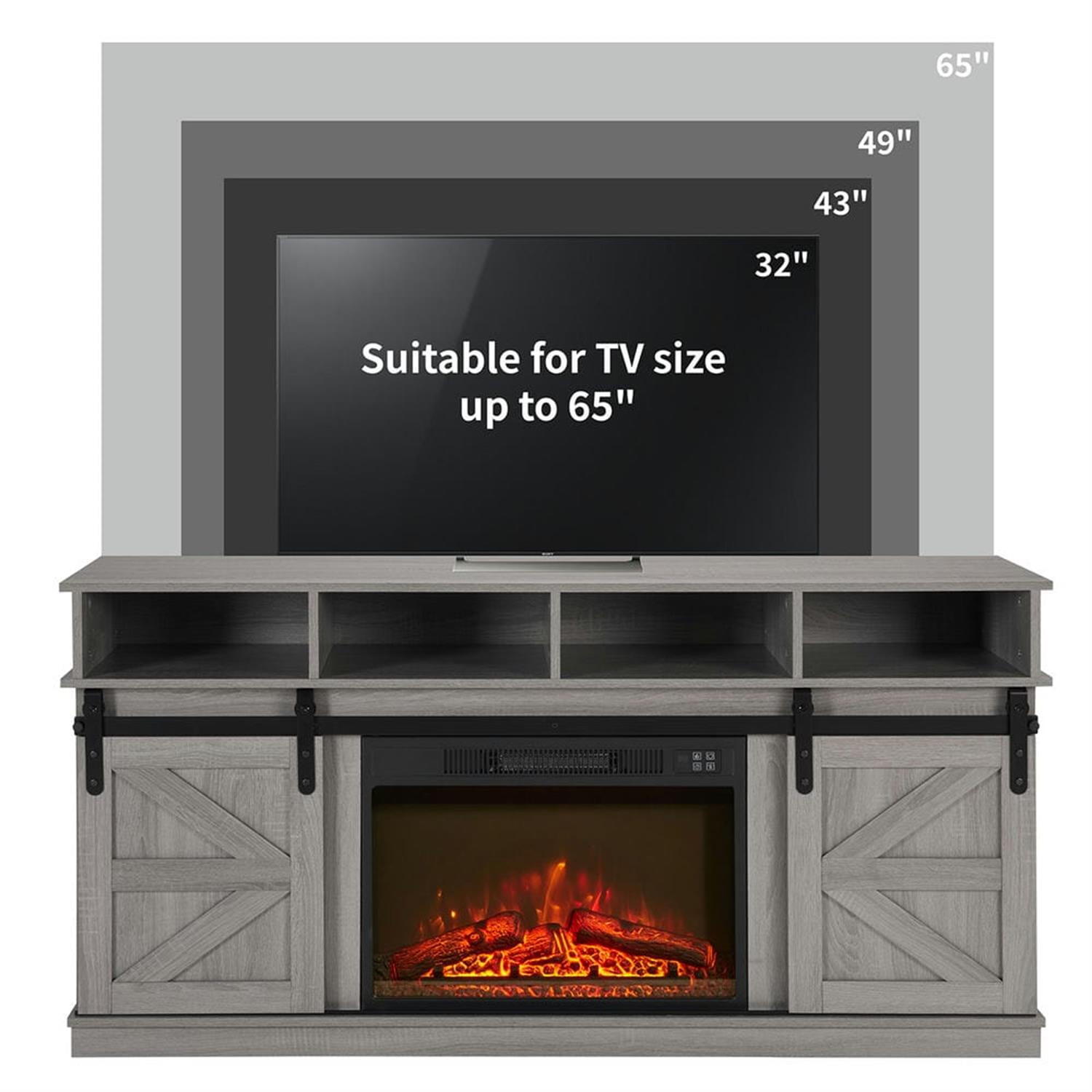 Demi Bonn Modern Farmhouse TV Media Stand for TV Up to 65'', Large Barn Inspired Home Entertainment Console with 23" Fireplace Insert, Open Shelves and Closed Cabinets, Gray