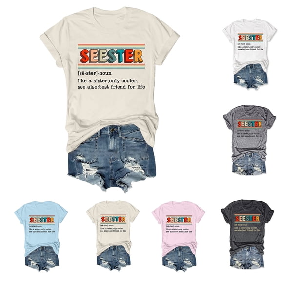 QHWAUAKFBN T Shirts For Women Loose Fit Seester Short Sleeved Pullover Round Neck Tshirts Top