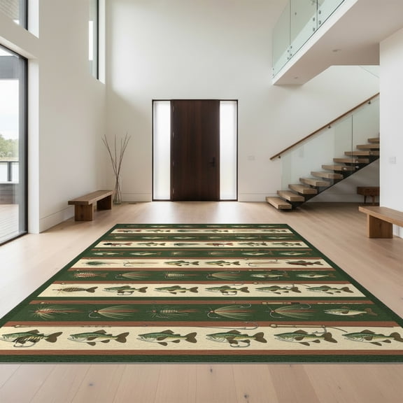 Design&I 8'x10' Washable Area Rug Vintage Fishing Fly And Tackle Motif With Rustic Angler Stripe Border for Living Room, Family Extra Large Skid-Resistant Low Profile