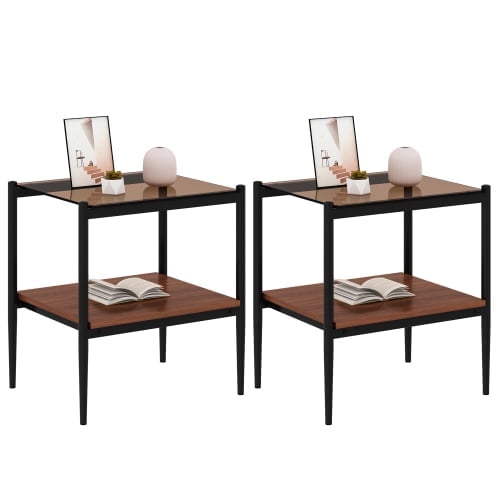 Set of 2 Rectangle End Table, Brown Tempered Glass Tabletop with MDF Layer,Black Metal Legs for Living Room. Bedroom