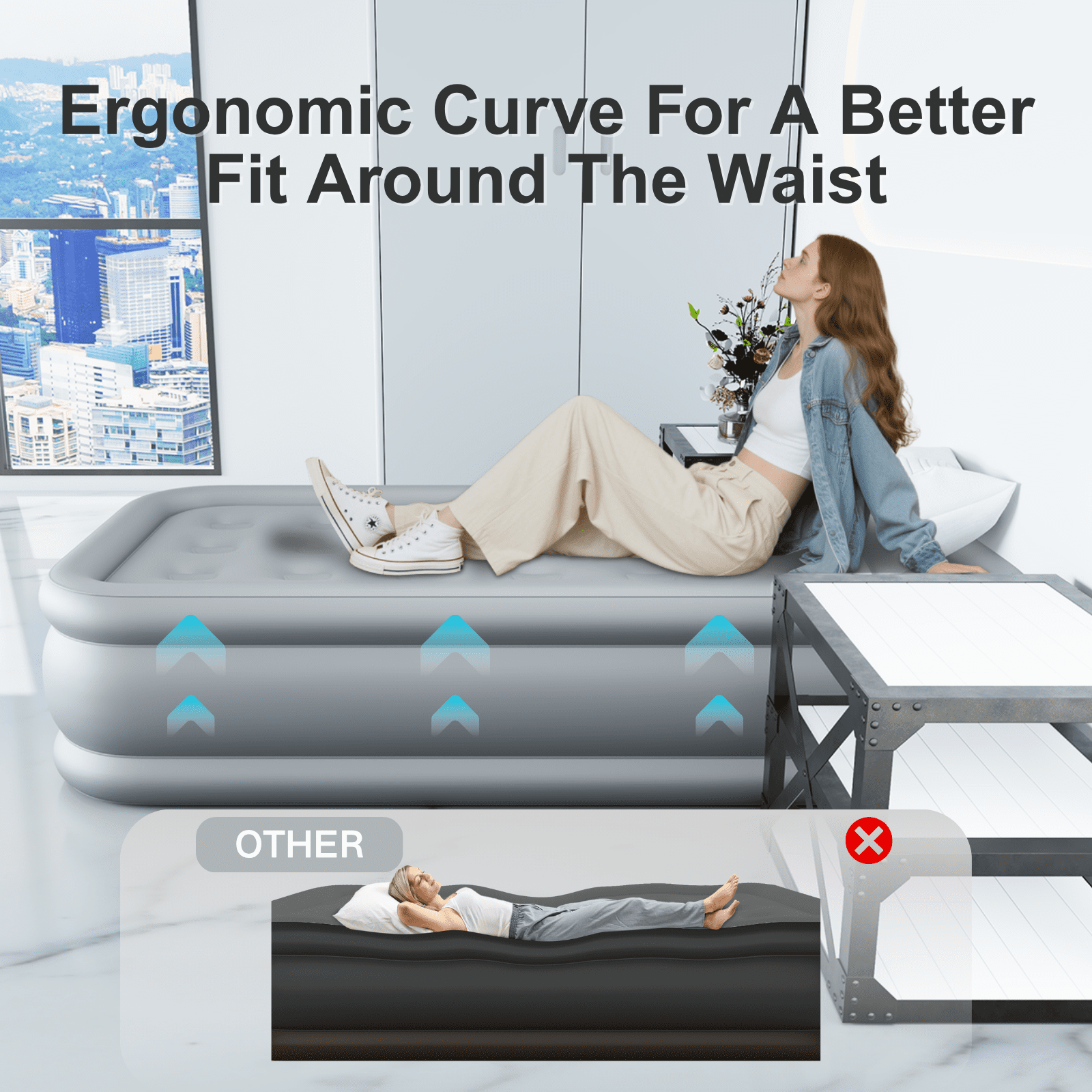 Twin Air Mattress with Built-in Wireless Pump-Inflatable Bed for Camping&Guests,All Fabric Cooling Toppe,18"Gray,3 Minutes Inflation