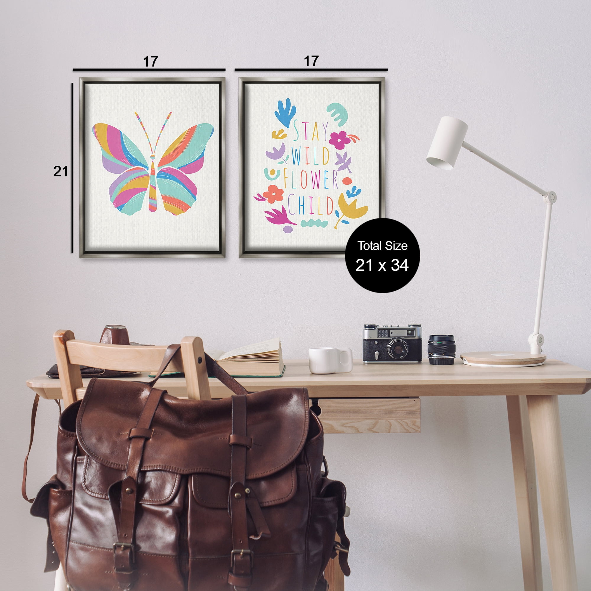 Stupell Industries Stay Wild Butterfly Text & Numbers Painting Gray Floater Framed Canvas Art Print Wall Art, 17 x 21, Set of 2