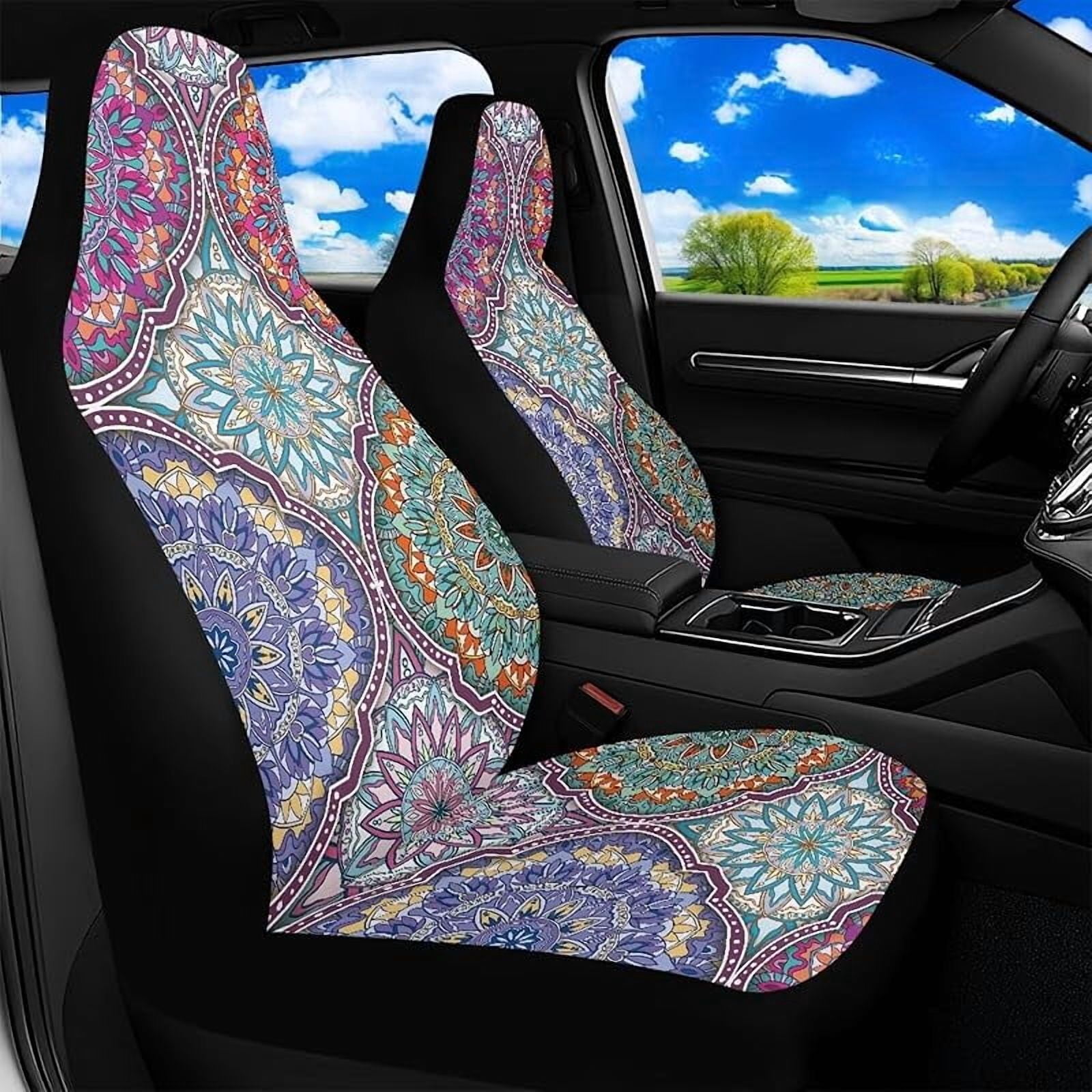 Waterproof Car Front Seat Cover Set Boho Mandala Floral Pattern Driver Seat Cover Comfort Front Bucket Seat Cover,Auto Interior Decoration,2 Pack,Airbag Compatible