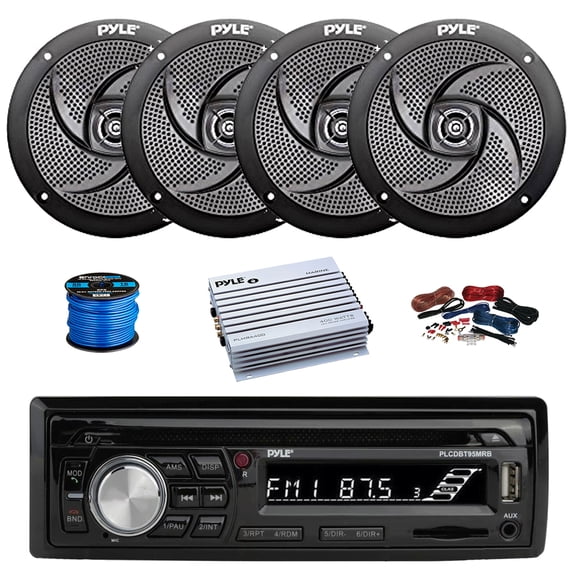 Pyle PLCDBT95 In Dash Bluetooth Marine Stereo Radio MP3 CD Player AM/FM Receiver, 4-Channel Amplifier w/Install Kit, 4X 5.25" 180 Watt 2-Way Slim Low Profile Audio Speakers (Black) w/ Wire