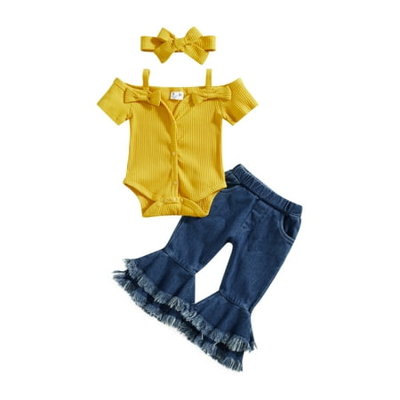 

Bagilaanoe 3pcs Newborn Baby Girl Long Pants Set Short Sleeve Romper Tops + Jeans Flare Trousers + Headband 6M 12M 18M 24M Infant Casual Outfits