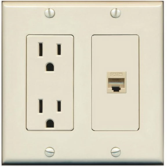RiteAV - 15 Amp Power Outlet and 1 Port Cat5e Ethernet Decorative Type Wall Plate - Light Almond