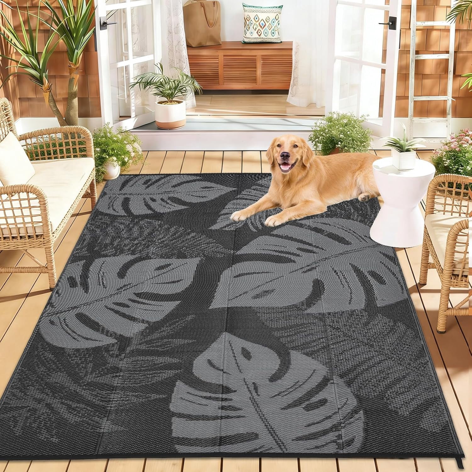 Funslane Outdoor Rug 8' x 10', Waterproof Plastic Straw Mat, Foldable & Reversible, Indoor Outdoor Rugs for Patio, Deck, RV, Beach, Picnic, Black/Gray