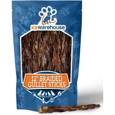 UPC: 0673324127854 | K9warehouse- Premium Braided Gullet Sticks- 12 inch(2 Count 55-115g)-Natural Digestible Dog Treat- Rich in Protein – Long Lasting Chew- Dental Health & Joint Support- Suitable for All Breeds & Puppies