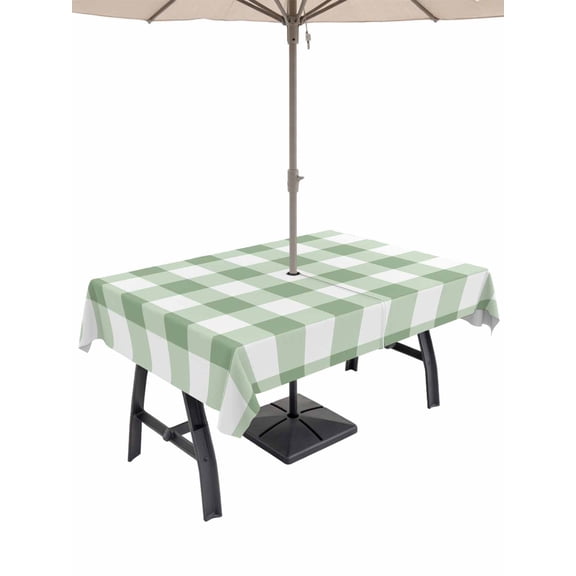 Outdoor Tablecloth with Umbrella Hole, Sage Green Buffalo Plaid Waterproof Outdoor Table Cover, Green White Checkered Farmhouse Patio Tablecloths for Party Picnic Camping, Rectangle 52"x70"