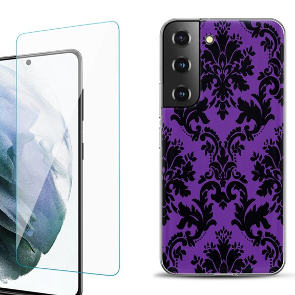 Slim-Fit Fashion Gel Phone Case for Samsung Galaxy S22  5G / S22 Plus 5G, with Tempered Glass Screen Protector, by OneToughShield ® - Victorian Purple/Black