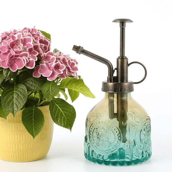 Watering Can, 205ml Vintage Glass Water Sprayer, Embossed Decorative Plant Waterer, Amber Green Gradient with Bronze Pump for Indoor Plants, Succulents, and Home Office Decor