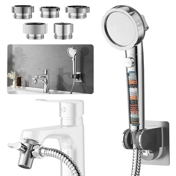 KAIYING Chrome 3-Mode Handheld Showerhead with Filter and 5 Faucet Adapters, Sink Hose Attachment for Tub Faucet