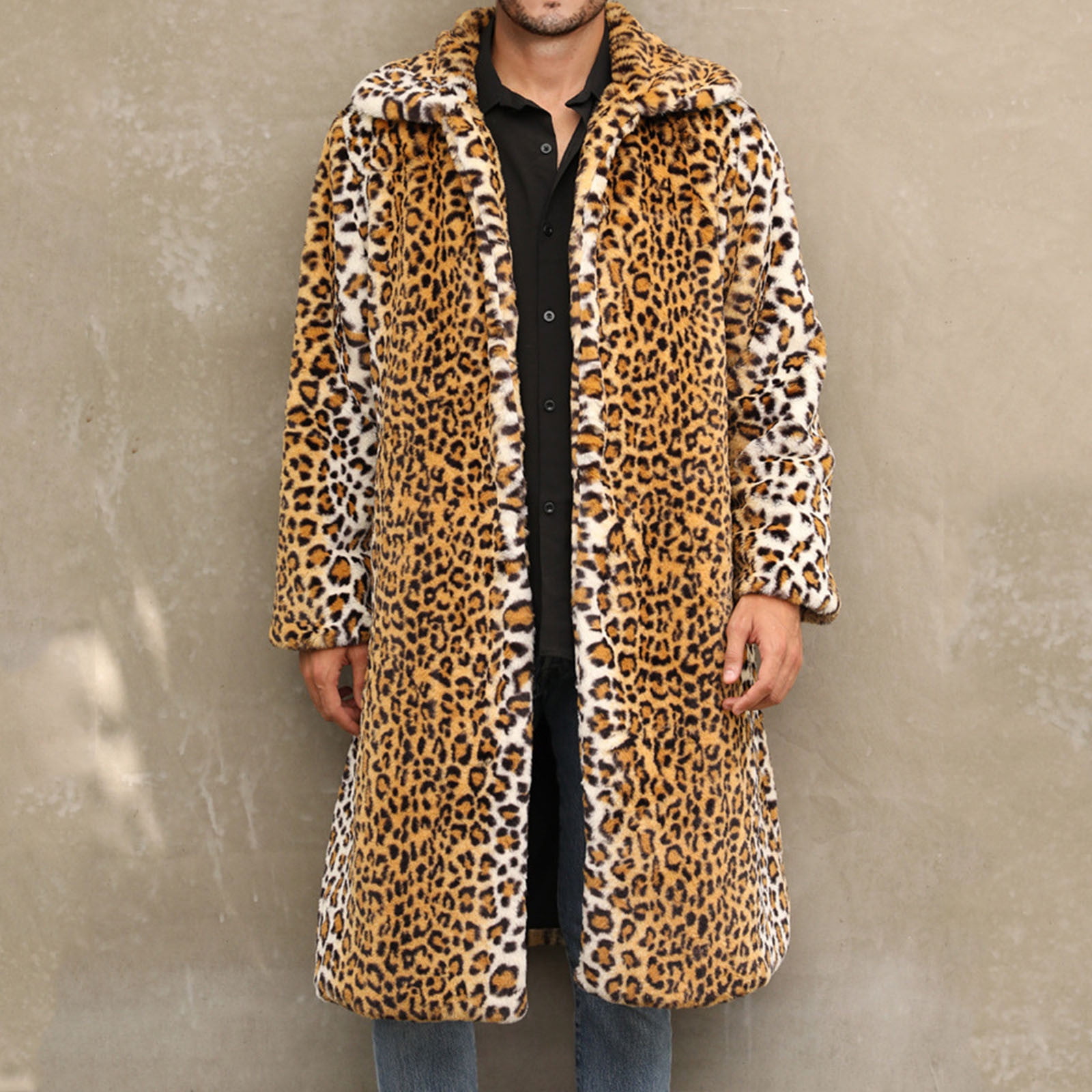 Nmnitkp Men's Luxury Faux Fur Coat Leopard Print Jacket Winter